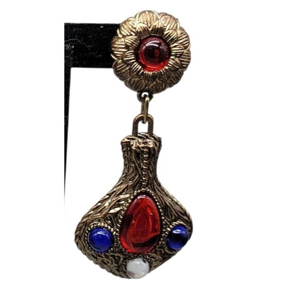 Vintage 1960s 70s Boho Clip On Earrings Red Blue White Cabochon Gold Tone Dangle - Picture 11 of 13